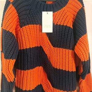 Zara Women's Bold Orange and Dark Blue Knit Sweater